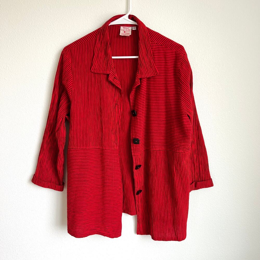 Mill Valley Linen Blend Lagenlook Red Striped Button Shirt Women's XL